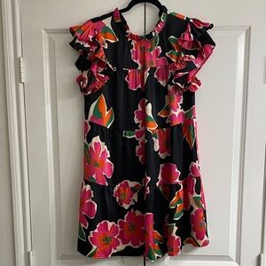 JODIFL Black and Pink Floral Ruffle Dress